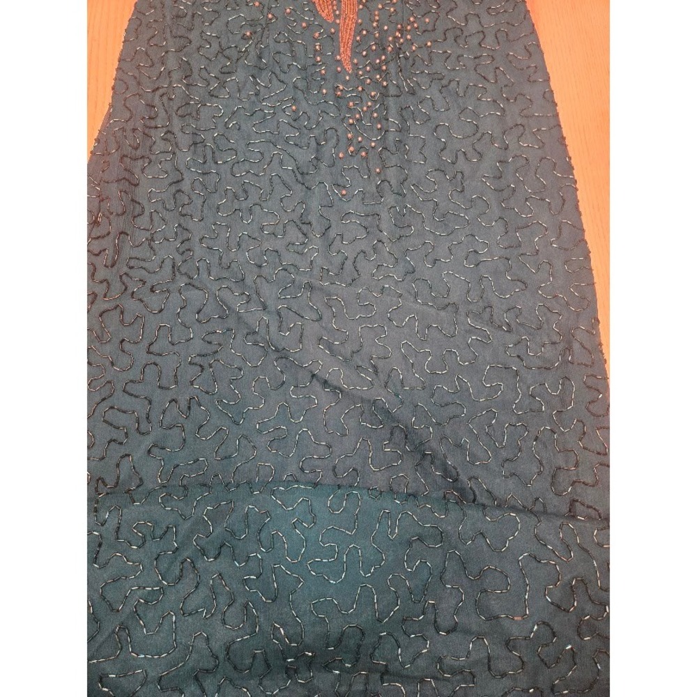Vintage Silk Beaded Sequin Maxi Dress Teal Gold Keyhole Back Evening Gown Size L - Picture 5 of 13